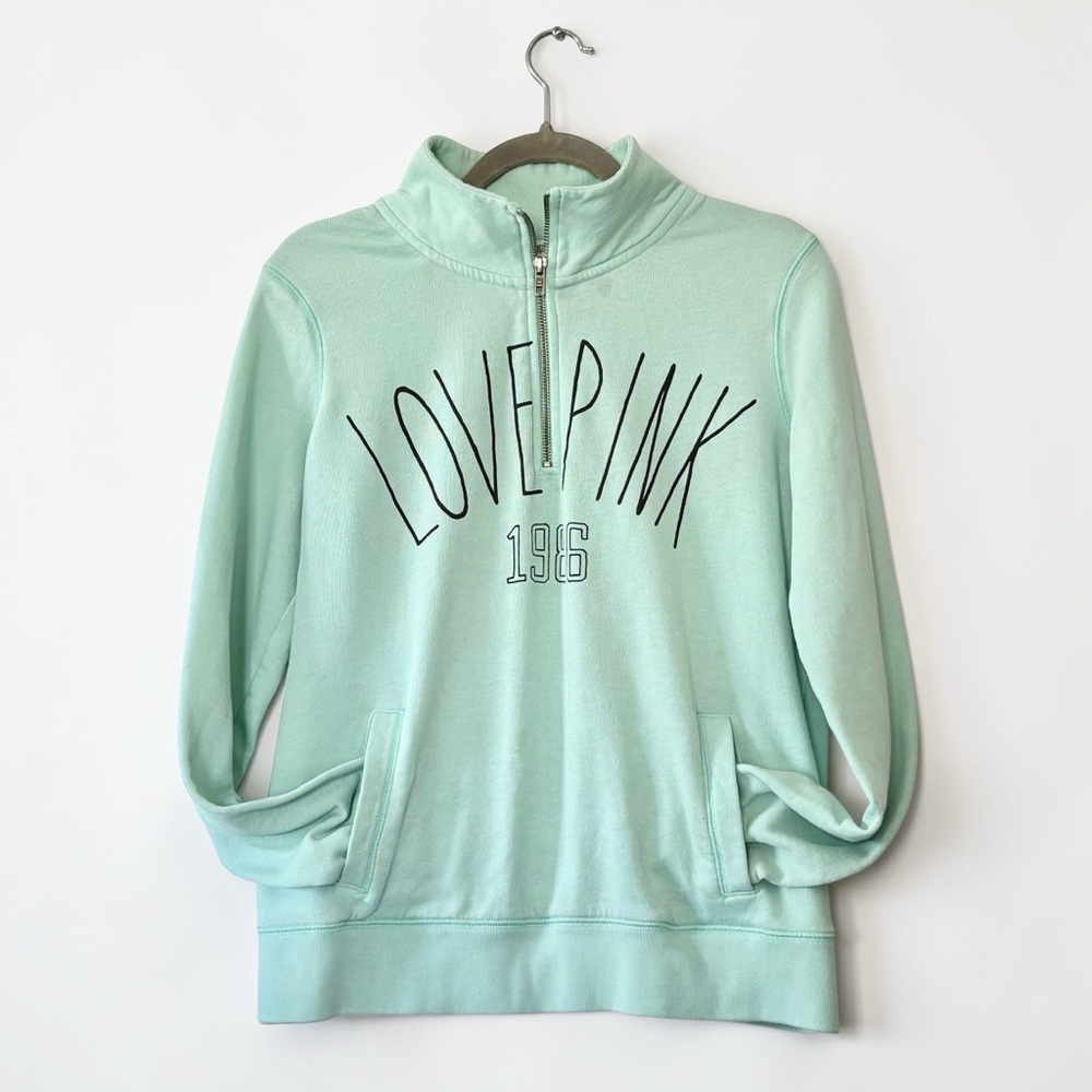 Y2K PINK Victoria's Secret Mint Green 'LOVE PINK' Quarter-Zip Sweatshirt Sz M - Picture 4 of 16